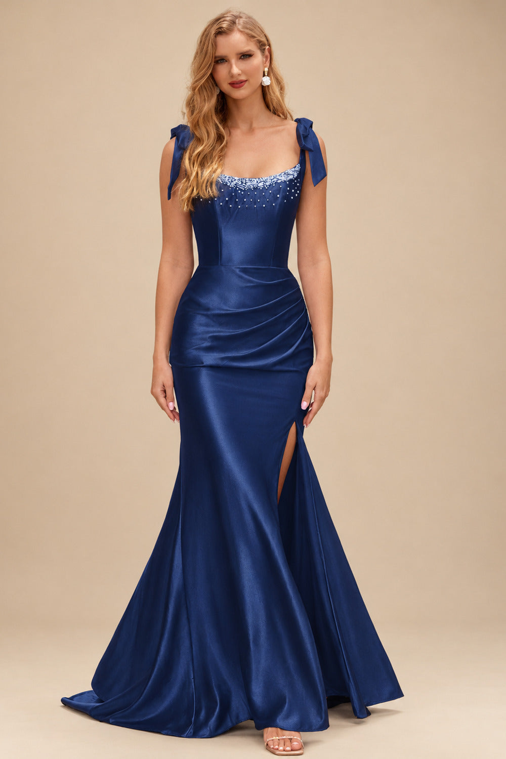 Rutipo Navy Blue Mermaid Beaded Scoop Neck Ruched Slit Prom Dress with Bow Straps
