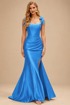 Rutipo Ocean Blue Mermaid Beaded Scoop Neck Ruched Slit Prom Dress with Bow Straps