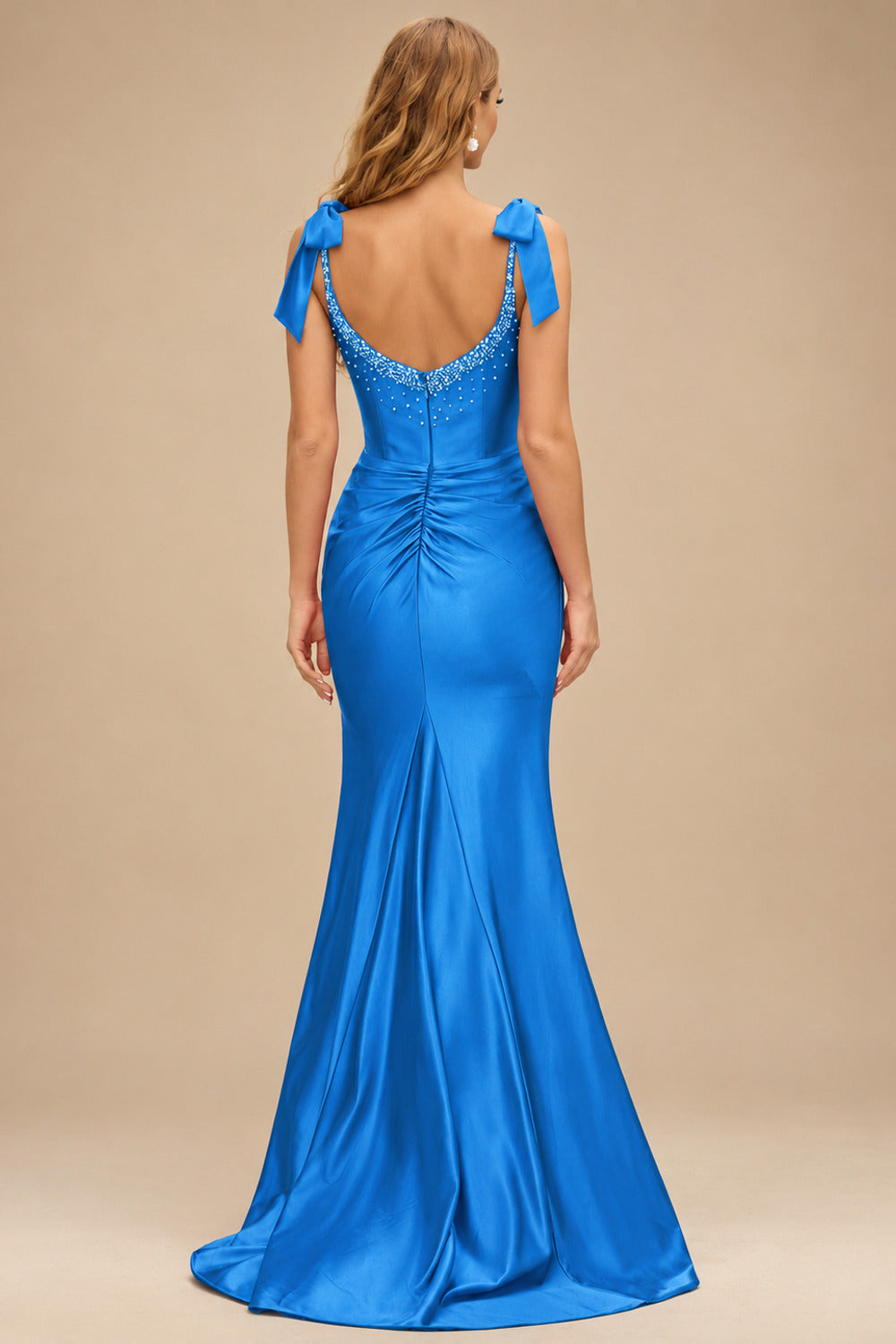 Rutipo Ocean Blue Mermaid Beaded Scoop Neck Ruched Slit Prom Dress with Bow Straps