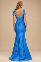 Rutipo Ocean Blue Mermaid Beaded Scoop Neck Ruched Slit Prom Dress with Bow Straps