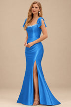 Rutipo Ocean Blue Mermaid Beaded Scoop Neck Ruched Slit Prom Dress with Bow Straps