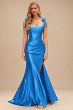 Rutipo Ocean Blue Mermaid Beaded Scoop Neck Ruched Slit Prom Dress with Bow Straps