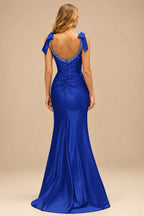 Rutipo Royal Blue Mermaid Beaded Scoop Neck Ruched Slit Prom Dress with Bow Straps