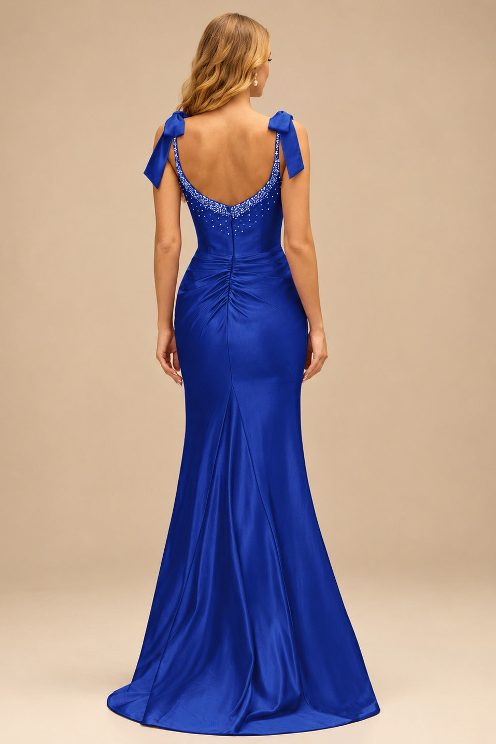 Rutipo Royal Blue Mermaid Beaded Scoop Neck Ruched Slit Prom Dress with Bow Straps