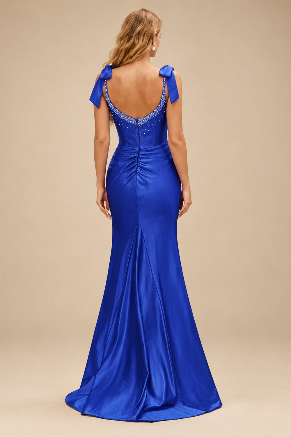Rutipo Royal Blue Mermaid Beaded Scoop Neck Ruched Slit Prom Dress with Bow Straps
