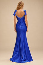 Rutipo Royal Blue Mermaid Beaded Scoop Neck Ruched Slit Prom Dress with Bow Straps
