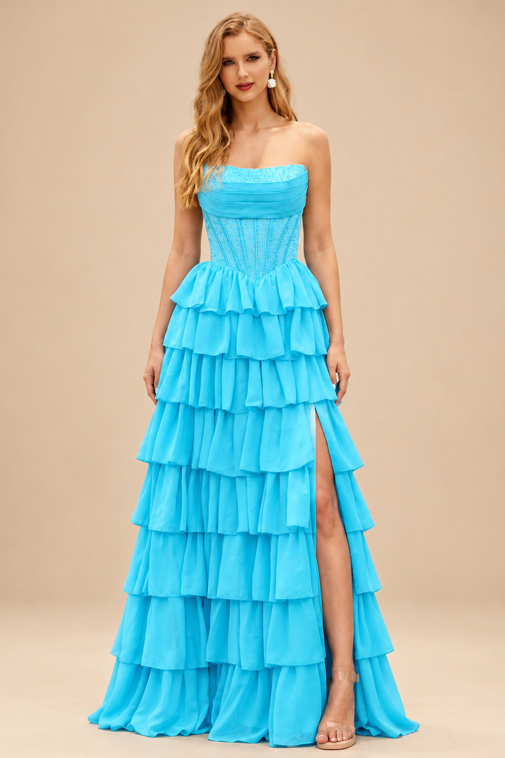 Rutipo Blue A-line Ruched Strapless Hot Fix Corset Chiffon Tiered Ruffle Prom Dress with Slit