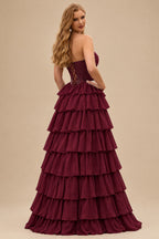 Rutipo Cabernet A-line Ruched Strapless Hot Fix Corset Chiffon Tiered Ruffle Prom Dress with Slit