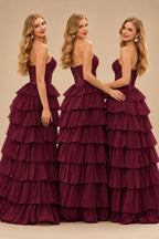 Rutipo Cabernet A-line Ruched Strapless Hot Fix Corset Chiffon Tiered Ruffle Prom Dress with Slit