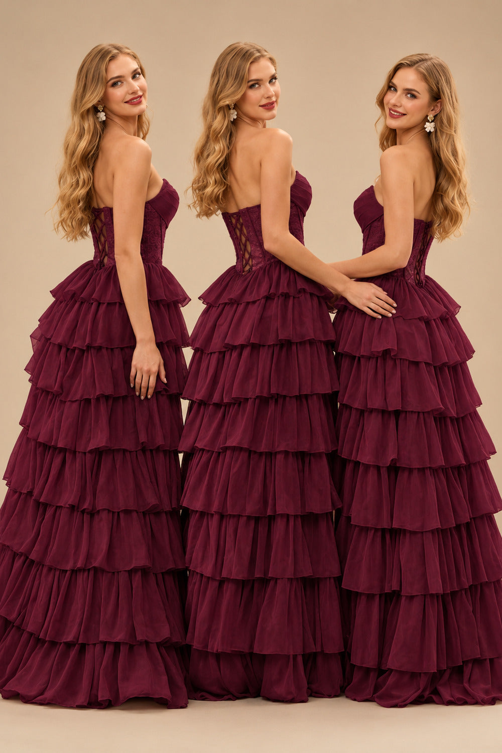 Rutipo Cabernet A-line Ruched Strapless Hot Fix Corset Chiffon Tiered Ruffle Prom Dress with Slit