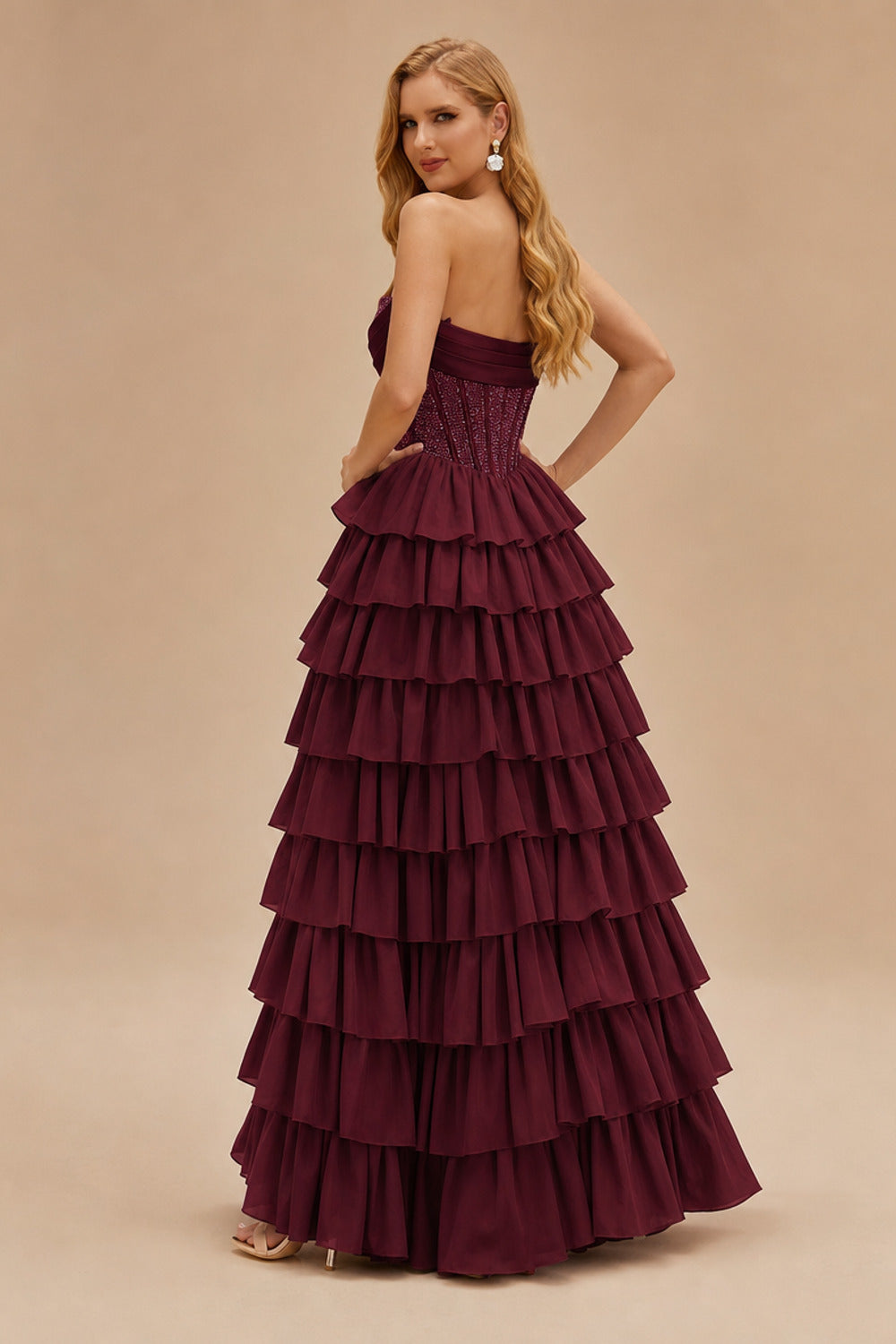 Rutipo Cabernet A-line Ruched Strapless Hot Fix Corset Chiffon Tiered Ruffle Prom Dress with Slit