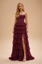 Rutipo Cabernet A-line Ruched Strapless Hot Fix Corset Chiffon Tiered Ruffle Prom Dress with Slit