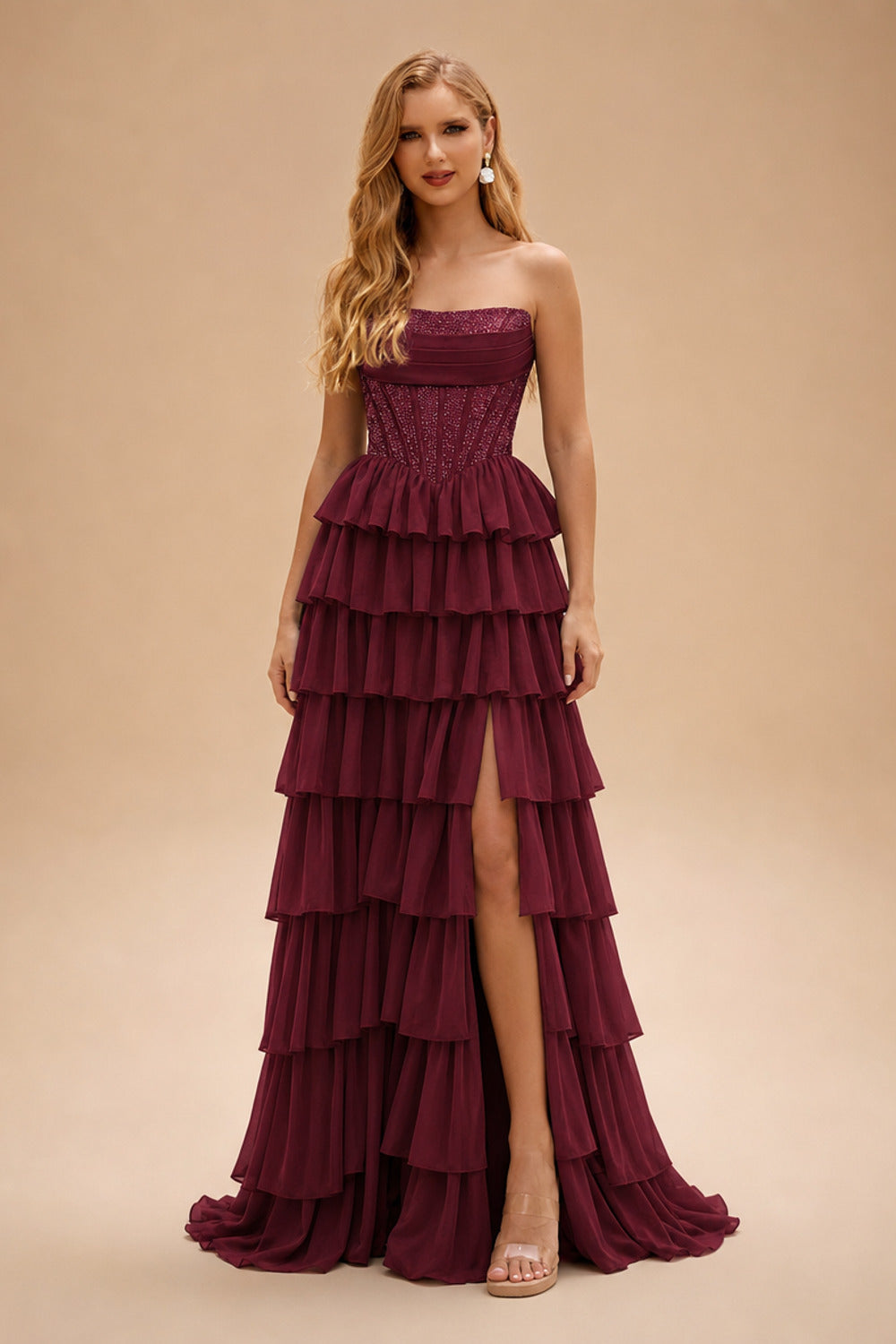 Rutipo Cabernet A-line Ruched Strapless Hot Fix Corset Chiffon Tiered Ruffle Prom Dress with Slit