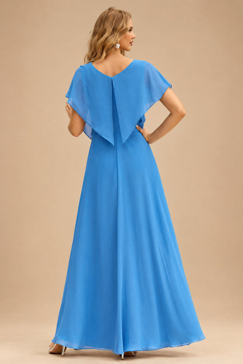 Rutipo Ocean Blue A-line Ruched Strapless Hot Fix Corset Chiffon Tiered Ruffle Prom Dress with Slit