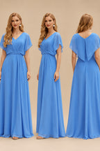 Rutipo Ocean Blue A-line Ruched Strapless Hot Fix Corset Chiffon Tiered Ruffle Prom Dress with Slit