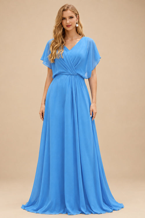 Rutipo Ocean Blue A-line Ruched Strapless Hot Fix Corset Chiffon Tiered Ruffle Prom Dress with Slit