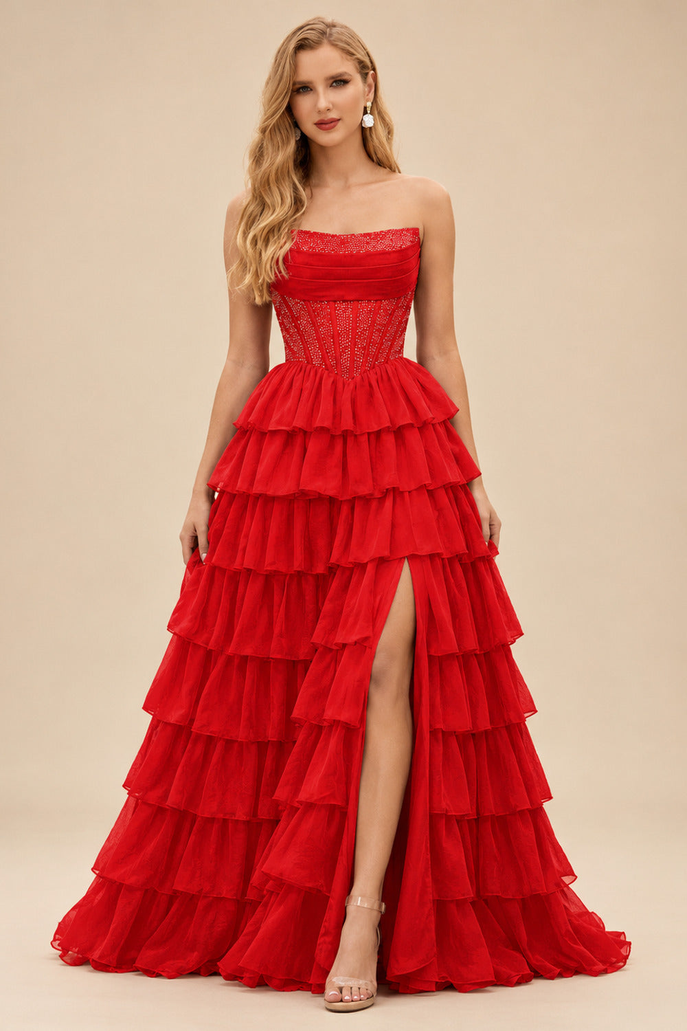 Rutipo Red A-line Ruched Strapless Hot Fix Corset Chiffon Tiered Ruffle Prom Dress with Slit