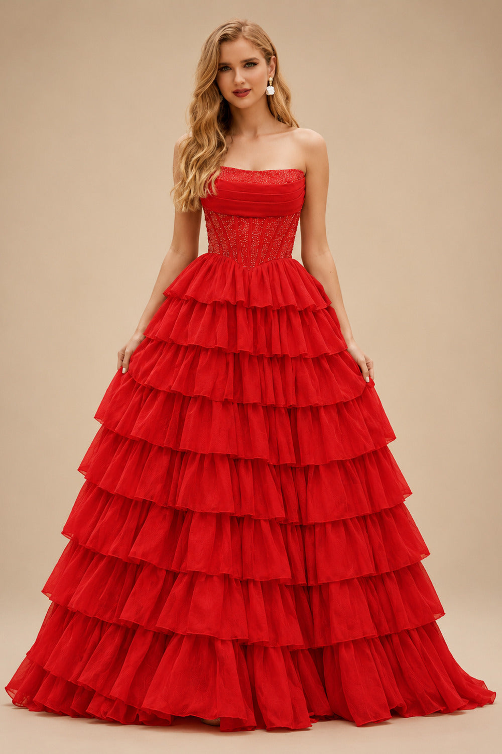 Rutipo Red A-line Ruched Strapless Hot Fix Corset Chiffon Tiered Ruffle Prom Dress with Slit