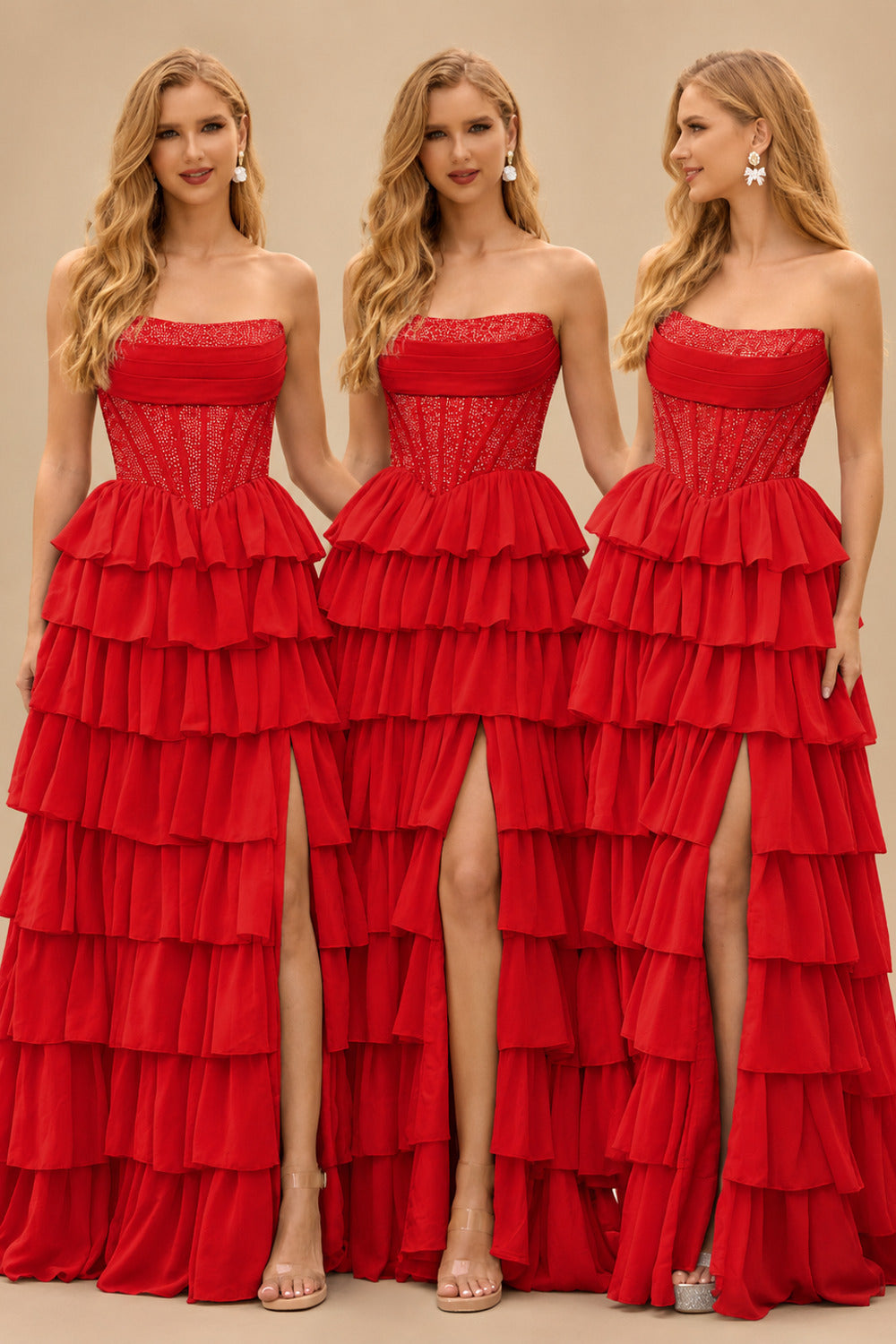 Rutipo Red A-line Ruched Strapless Hot Fix Corset Chiffon Tiered Ruffle Prom Dress with Slit