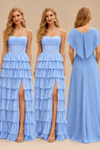 Rutipo Sky Blue A-line Ruched Strapless Hot Fix Corset Chiffon Tiered Ruffle Prom Dress with Slit