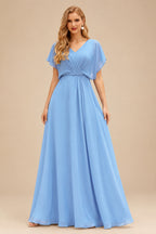 Rutipo Sky Blue A-line Ruched Strapless Hot Fix Corset Chiffon Tiered Ruffle Prom Dress with Slit