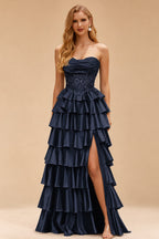 Rutipo Dark Navy A-line Ruched Strapless Illusion Embroidered Ccorset Ruffle Prom Dress with Slit