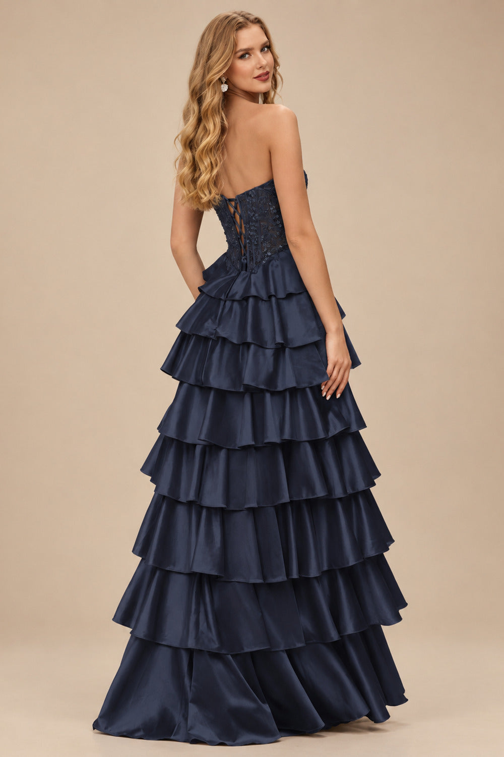 Rutipo Dark Navy A-line Ruched Strapless Illusion Embroidered Ccorset Ruffle Prom Dress with Slit