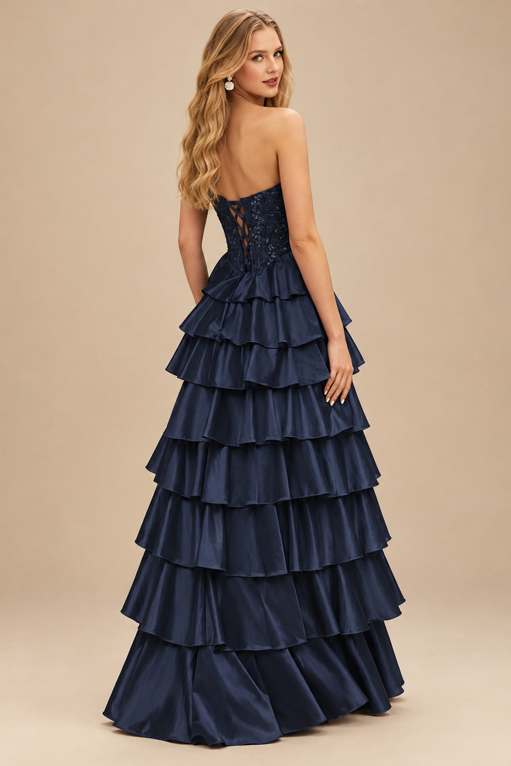 Rutipo Dark Navy A-line Ruched Strapless Illusion Embroidered Ccorset Ruffle Prom Dress with Slit