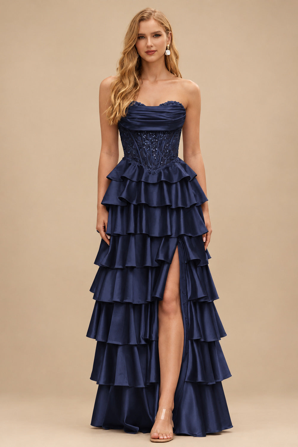 Rutipo Dark Navy A-line Ruched Strapless Illusion Embroidered Ccorset Ruffle Prom Dress with Slit