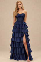 Rutipo Dark Navy A-line Ruched Strapless Illusion Embroidered Ccorset Ruffle Prom Dress with Slit