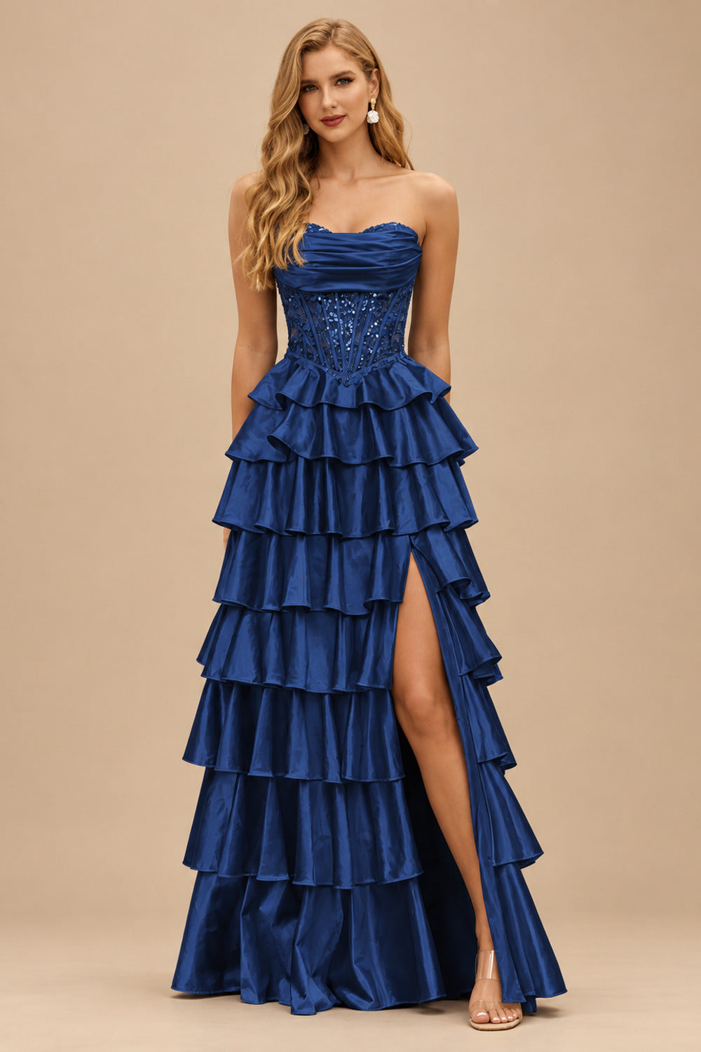 Rutipo Navy Blue A-line Ruched Strapless Illusion Embroidered Ccorset Ruffle Prom Dress with Slit