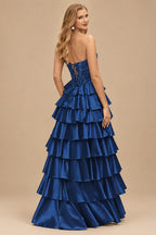 Rutipo Navy Blue A-line Ruched Strapless Illusion Embroidered Ccorset Ruffle Prom Dress with Slit