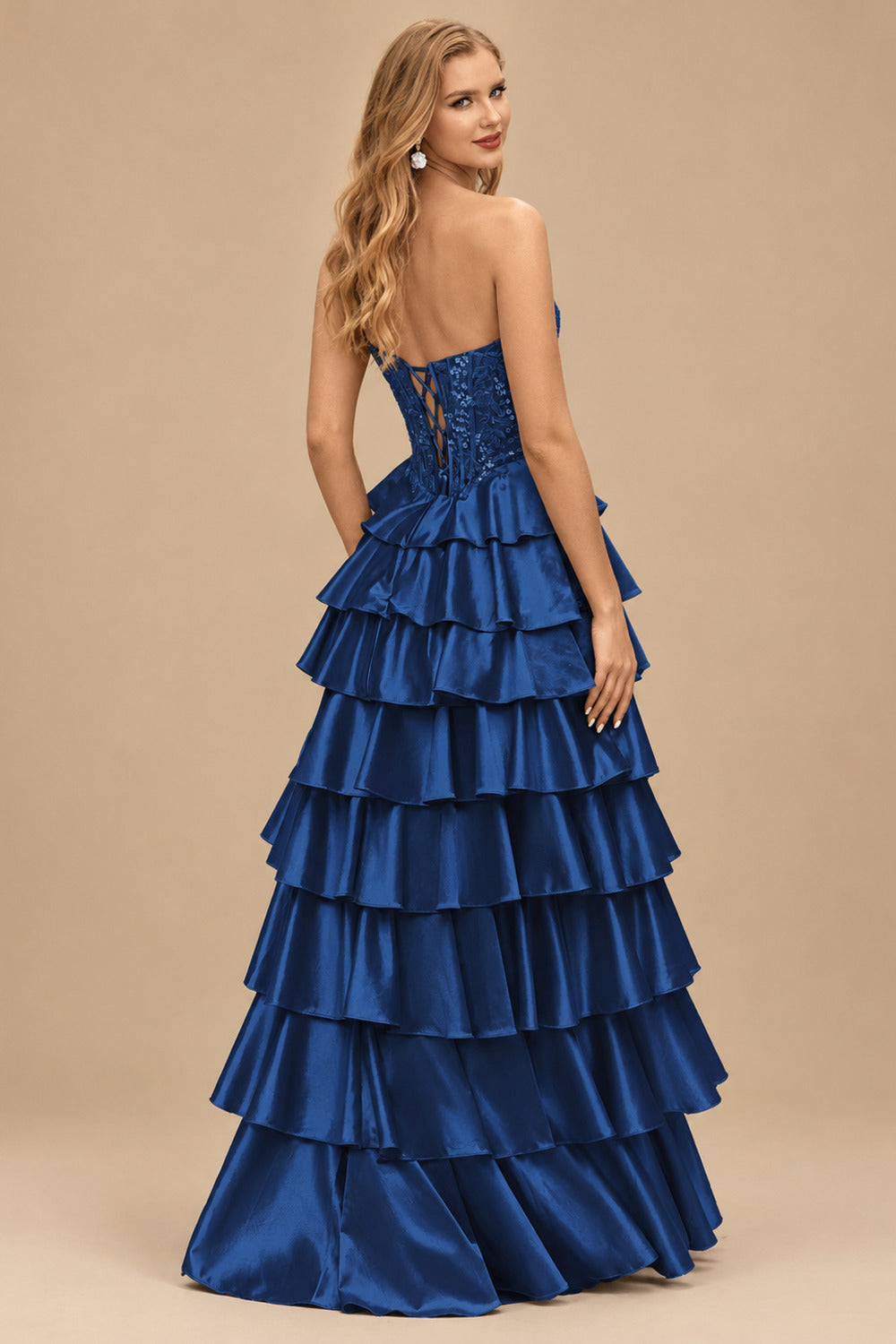 Rutipo Navy Blue A-line Ruched Strapless Illusion Embroidered Ccorset Ruffle Prom Dress with Slit