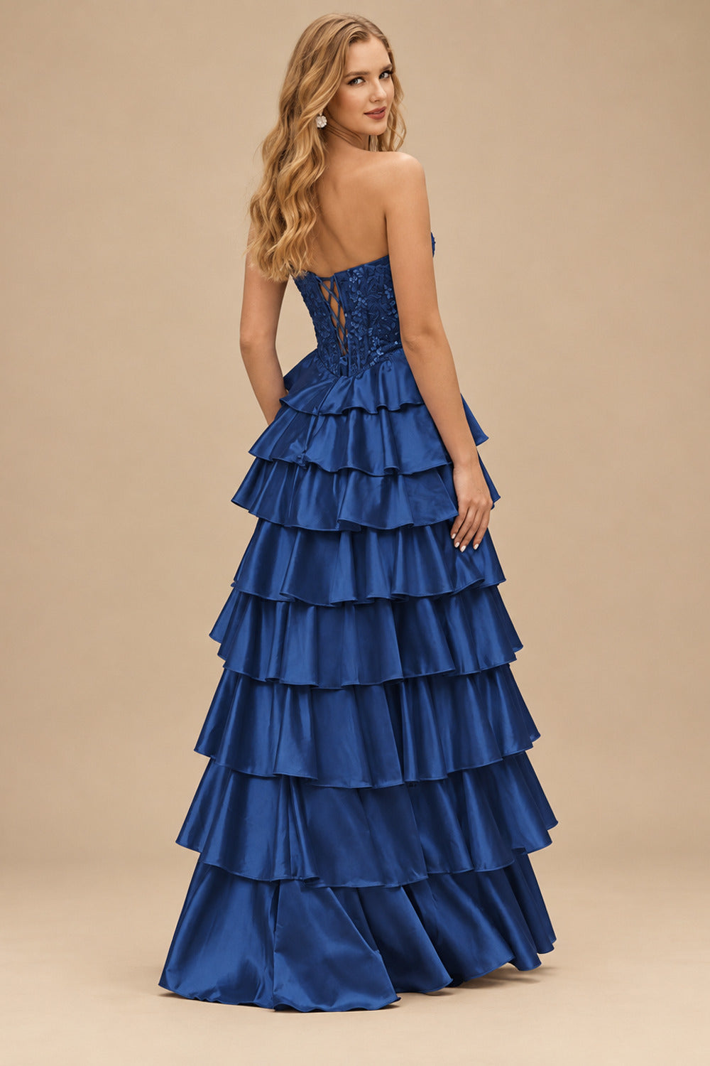 Rutipo Navy Blue A-line Ruched Strapless Illusion Embroidered Ccorset Ruffle Prom Dress with Slit