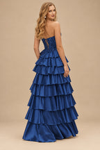 Rutipo Navy Blue A-line Ruched Strapless Illusion Embroidered Ccorset Ruffle Prom Dress with Slit