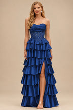 Rutipo Navy Blue A-line Ruched Strapless Illusion Embroidered Ccorset Ruffle Prom Dress with Slit
