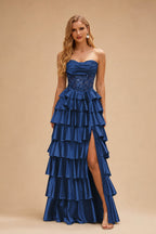 Rutipo Navy Blue A-line Ruched Strapless Illusion Embroidered Ccorset Ruffle Prom Dress with Slit