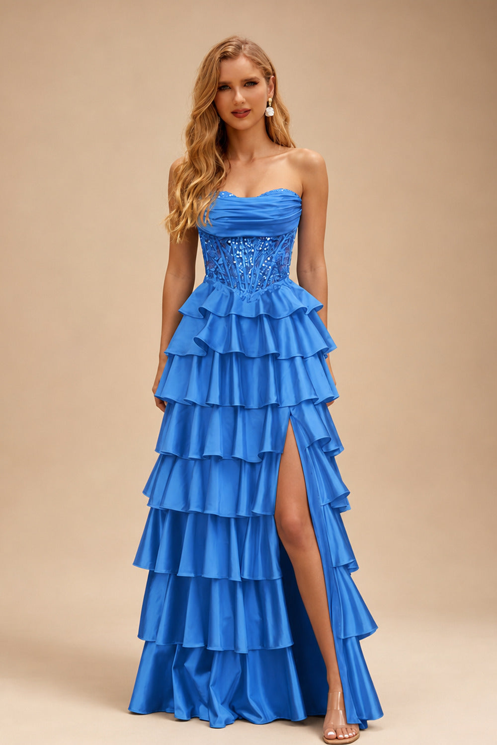 Rutipo Ocean Blue A-line Ruched Strapless Illusion Embroidered Ccorset Ruffle Prom Dress with Slit