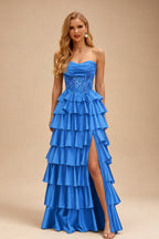 Rutipo Ocean Blue A-line Ruched Strapless Illusion Embroidered Ccorset Ruffle Prom Dress with Slit