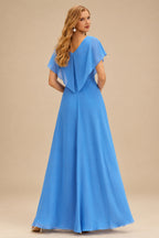 Rutipo Ocean Blue A-line Ruched Strapless Illusion Embroidered Ccorset Ruffle Prom Dress with Slit