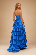 Rutipo Ocean Blue A-line Ruched Strapless Illusion Embroidered Ccorset Ruffle Prom Dress with Slit