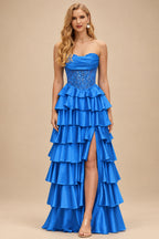 Rutipo Ocean Blue A-line Ruched Strapless Illusion Embroidered Ccorset Ruffle Prom Dress with Slit