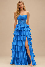 Rutipo Ocean Blue A-line Ruched Strapless Illusion Embroidered Ccorset Ruffle Prom Dress with Slit