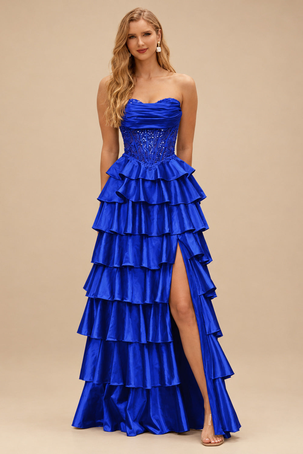 Rutipo Royal Blue A-line Ruched Strapless Illusion Embroidered Ccorset Ruffle Prom Dress with Slit