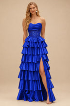 Rutipo Royal Blue A-line Ruched Strapless Illusion Embroidered Ccorset Ruffle Prom Dress with Slit