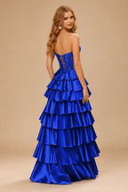 Rutipo Royal Blue A-line Ruched Strapless Illusion Embroidered Ccorset Ruffle Prom Dress with Slit