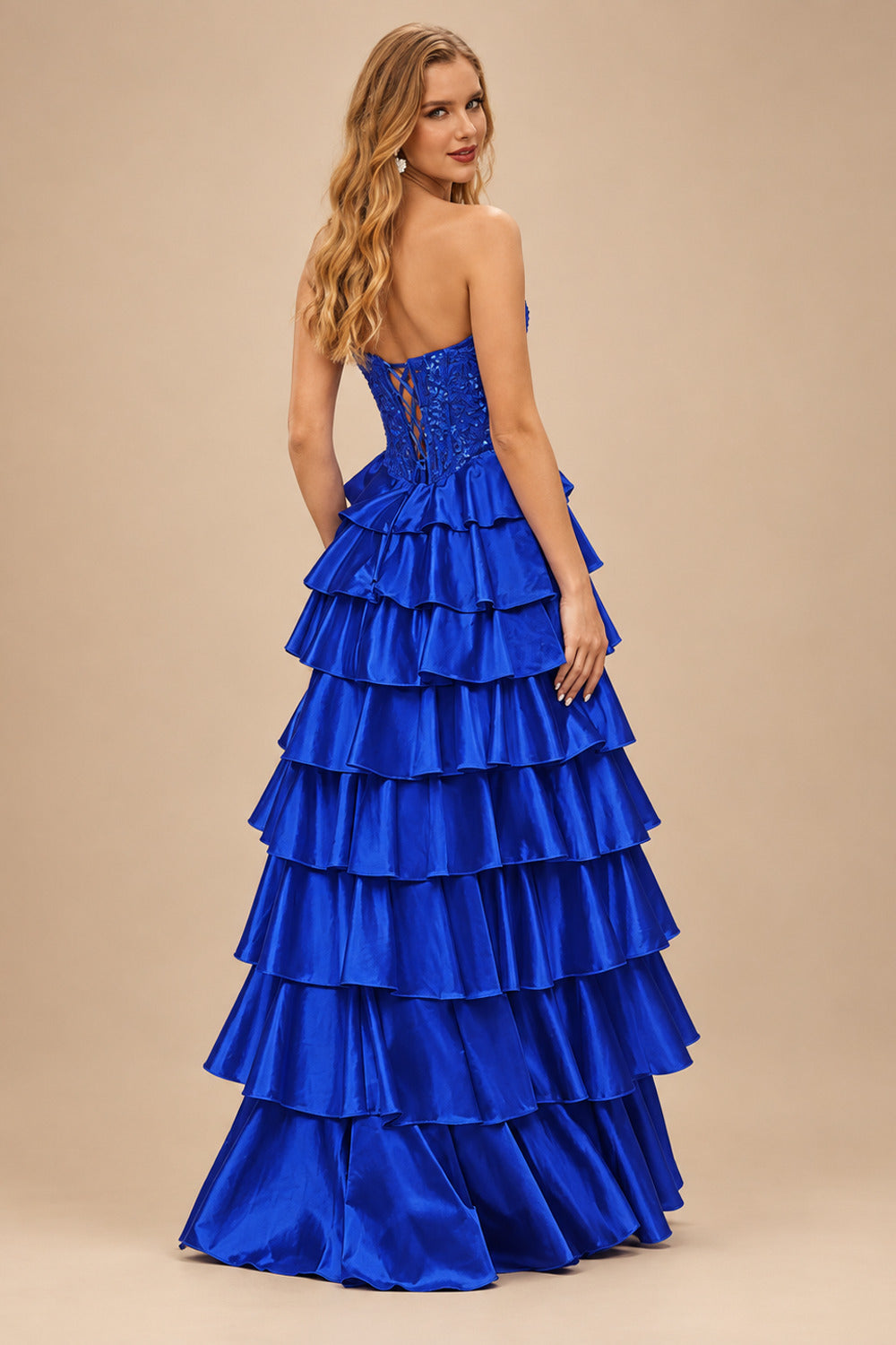 Rutipo Royal Blue A-line Ruched Strapless Illusion Embroidered Ccorset Ruffle Prom Dress with Slit