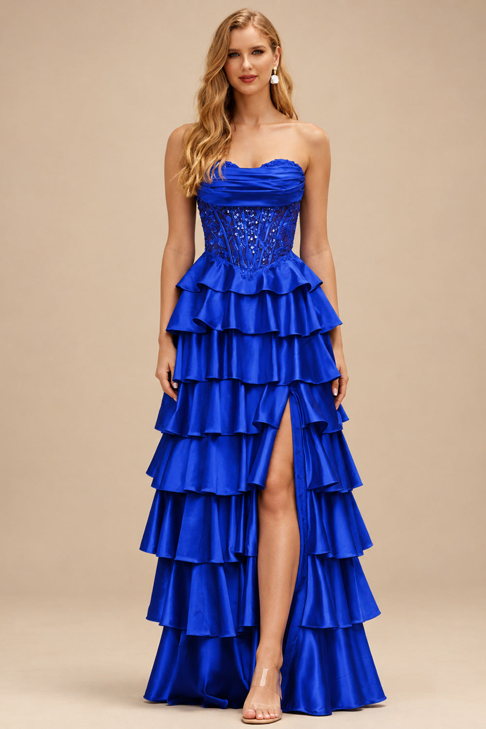 Rutipo Royal Blue A-line Ruched Strapless Illusion Embroidered Ccorset Ruffle Prom Dress with Slit