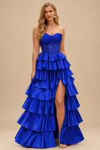 Rutipo Royal Blue A-line Ruched Strapless Illusion Embroidered Ccorset Ruffle Prom Dress with Slit