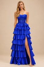 Rutipo Royal Blue A-line Ruched Strapless Illusion Embroidered Ccorset Ruffle Prom Dress with Slit
